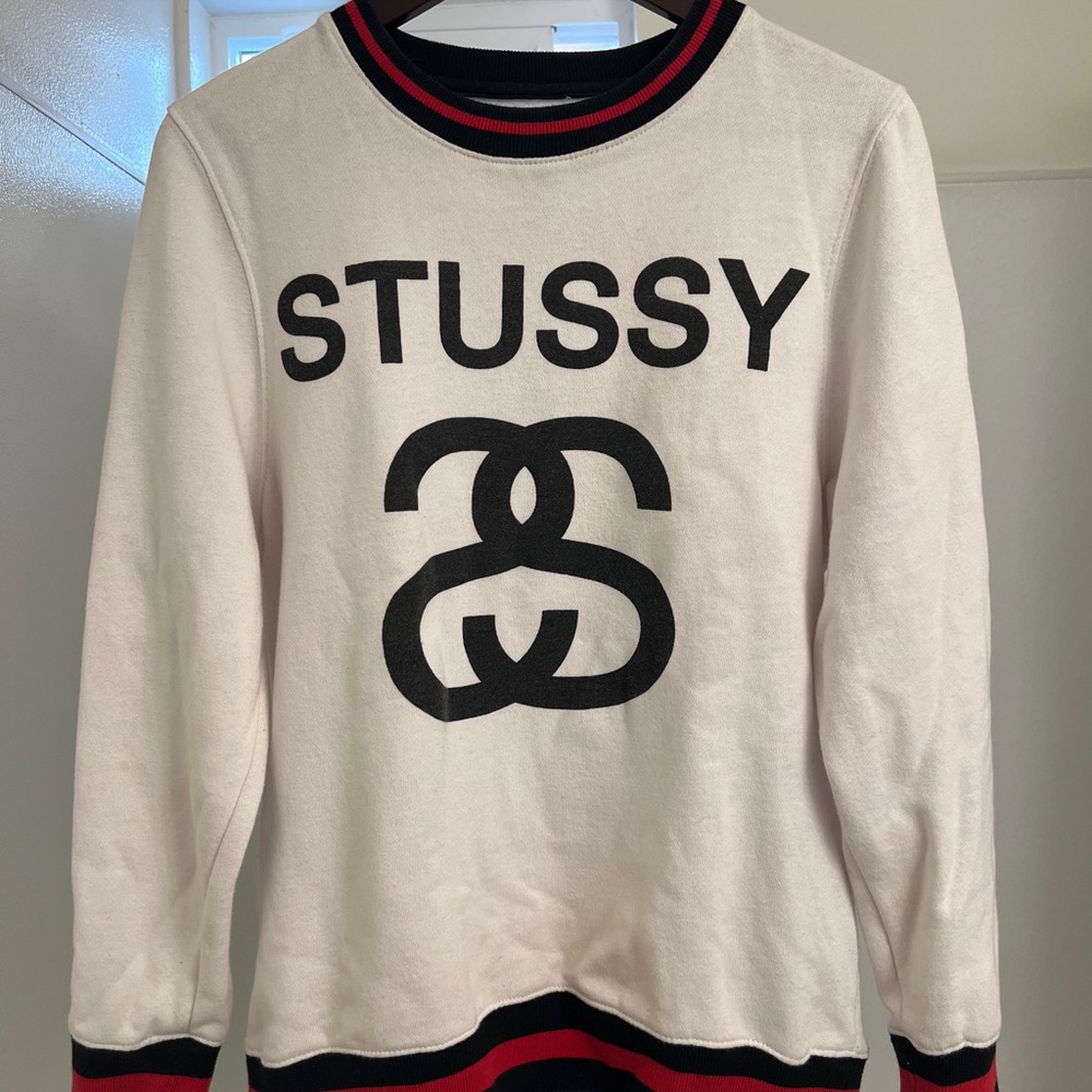 Stussy White Sweater with Black and Red Accents
